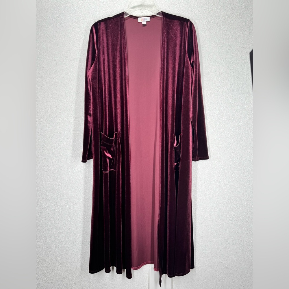 LuLaRoe Sarah Duster Velvet Open Front Maxi Cardigan Burgandy Medium 10/12 Soft